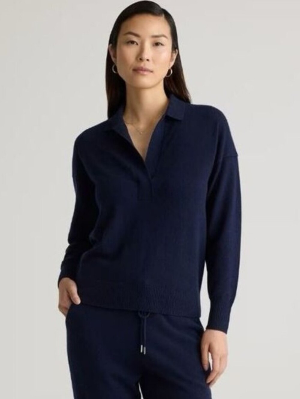 QUINCE MONGOLIAN CASHMERE POLO SWEATER IN NAVY BLUE